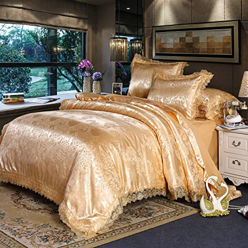 Beyeutao Spitze Jacquard Bettwäsche 220x240 cm Satin Seiden Bettbezug Set 3teilig Gewebe Bettbezug Set Gold Bettwäsche mit Kissenbezüge 80x80 cm.