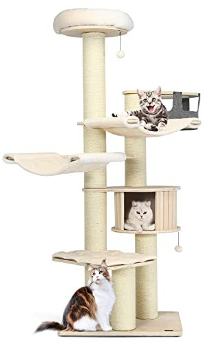 COSTWAY 7-stöckiger Kratzbaum Holz, 197 cm, Katzenbaum mit Hängematte & Katzenhöhle & Hängekorb & Bällen, Katzenkratzbaum Groß, Katzen Katzenmöbel, Kletterbaum Aktivitätsbaum Spielbaum, Beige