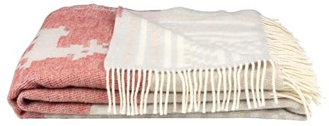 ÖJBRO VANTFABRIK Scania Michael gewebte Wolldecke mit Fransen 130x200 cm Weiss/rot 100% Schafwolle Strick-Plaid Tagesdecke Quilt warm weich - Hergestellt in Schweden
