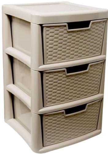 Large 3 Drawer Plastic Storage Drawer Unit Tower Rattan Effect Tower Mushroom Drawers Any Room, Bathroom, Bedroom, Home Office/Study, Kitchen, Living Room Organizer Rack 62cm (H) x 39cm (D) x 39cm (W)