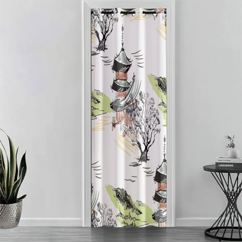 Odot Rideau Occultant Porte avec Oeillets, Style Chinois Rideaux de Porte Rideau de Séparation de Pièce Rideau de Porte Interieur pour Décoration Chambre (120x200cm,Style Chinois)