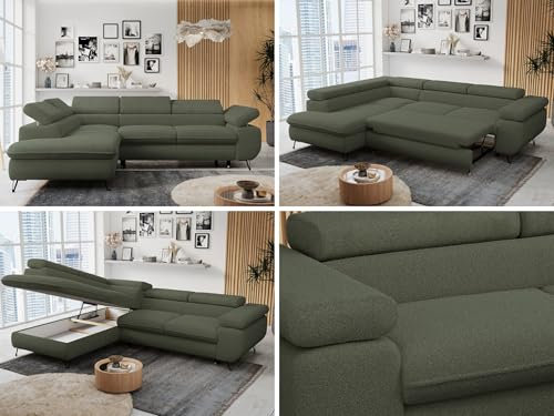 MKS MEBLE Ecksofa Sofa Grün, Wohnlandschaft L-Form mit Schlaffunktion und Bettkasten, Schlafsofa mit Bettkasten, Sofa mit Einstellbare Kopfstützen, Peter L - Grün Boucle - Links Grün