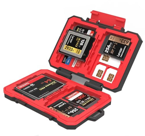 ieron 33 Slots Memory Card Case, CF SD SIM Card Case Holder, Waterproof and Shockproof Memory Card Case Holder With Carabiner, Compact and Portable (Red)