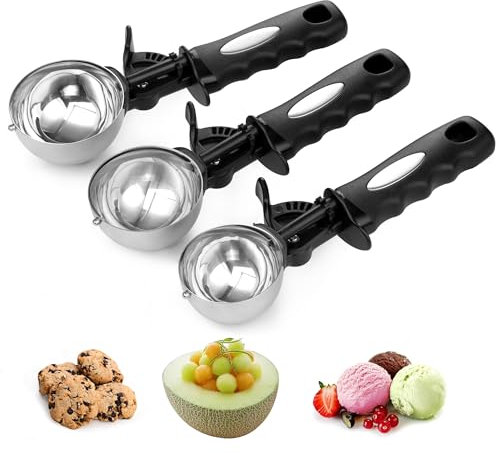 Juego de 3 cucharas de helado, 3.25 cucharadas, 4.9 cucharadas, 6 cucharadas, cuchara de helado con gatillo para porciones de masa de galletas, 1.63/2.45/3 onzas