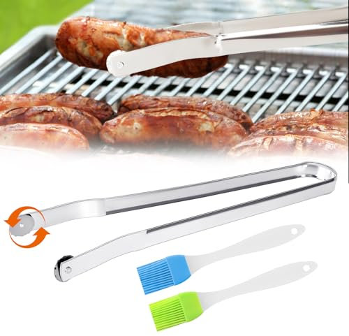 Pince à Retourner Saucisses BBQ Multifonctionnel, Pince Barbecue Roulette Longue avec Brosse en Silicone Amovible, Pince Cuisson Inox Saucisse pour Camping Fête Cuisinières Grils