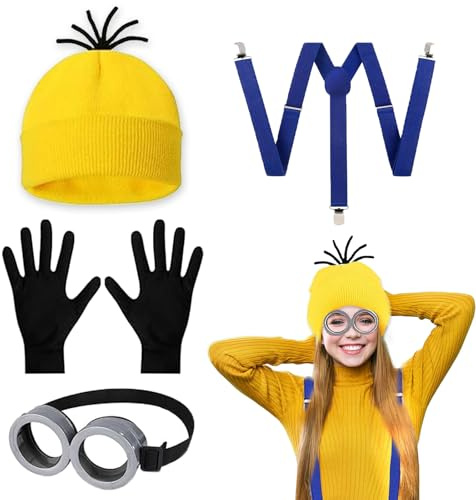 KEELYY Erwachsene Kostüm Zubehör für Fasching Karneval Halloween Cosplay Party, 4-Teiliges Kostüm Set mit Brille, gelbe Beanie-Mütze, schwarze Handschuhe und Hosenträger