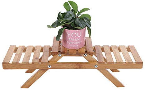 Gsycle Banco para plantas de interior, soporte para plantas de mesa de 2 capas, estante de almacenamiento plegable de madera para plantas en macetas, estante de almacenamiento para jardín