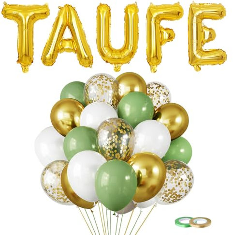 KOBOKO Taufe Deko Luftballon Grün, 25 Stk Kommunion Luftballons Deko Taufe Mädchen Junge, 32 Zoll Taufe Folienballon Gold, Taufdeko Helium Ballons Gold Weiß für Babyshower, Babyparty, Kommunion Deko