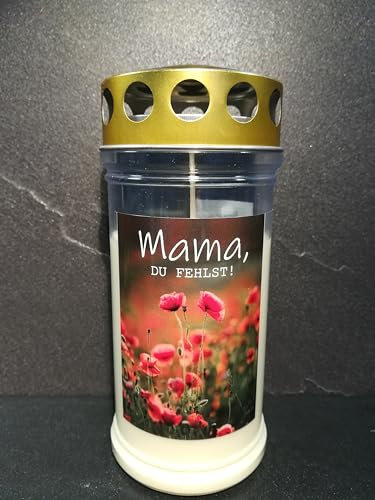 JEKA Gedenkkerze, Grabkerze Motiv: Mama - du fehlst, Brenndauer 4 Tage, 170x75mm, Wind- & Wetterfest, 100% Pflanzenöl, Golddeckel, Grablicht (1)