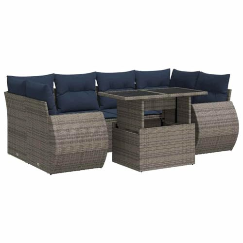 vidaXL 7-Piece Garden Sofa Set with Cushion Grey Poly Rattan Acacia, Outdoor Sofa Set, Garden Sofa Set, Lounge Set, Sofa Set Patio