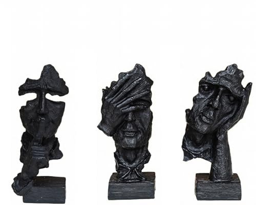 Skulpturen deko Denker Statue, 3 Stück Denker Statue, Stille ist Gold abstrakte Kunstfigur, moderne Zuhause Harz Skulpturen dekorative Objekte Dekor für Home Office Bücherregal Desktop (Schwarz A)