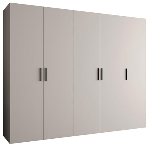 MEBLE KRYSPOL - Kleiderschrank - Garderobenschrank - 250 cm x 202 x 52 cm - Schrank mit Kleiderstange, 5 Türen - für Schlafzimmer, Flur - BARI, Kaschmir, Griff Schwarz