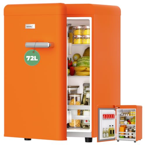 GUIVACI Mini Nevera Retro 72L – Silencioso 43 dB, Diseño Vintage con LED, 7 Niveles de Temperatura, para Dormitorio, Oficina, Cocina & Bar (naranja)