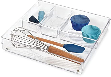 iDesign Cubertero para dividir cajones, separador de cajones grande de plástico, organizador de cajones de cocina con 4 compartimentos, transparente