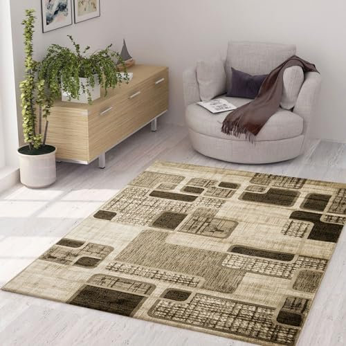 VIMODA Teppich Kurzflor Modern Kariert Retro geometrisches Muster Meliert Braun Beige für Wohnzimmer, Schlafzimmer, Maße:80 x 150 cm