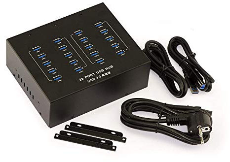 KALEA-INFORMATIQUE Estación de Carga y HUB USB Tipo Industrial. 20 Puertos USB 3.0 5G con Fuente de Alimentación de 20A. Montable o en Bastidor