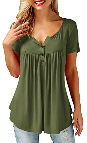 AMORETU T-Shirt Damen V-Ausschnitt Knopfleiste Bluse Solide Tunika Sommer Tops , Kurzarm-armeegrün, 2XL/DE 54-56