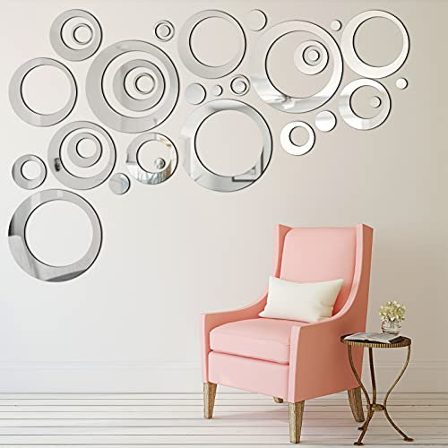 Abnehmbare Wandaufkleber aus Acryl, Spiegelfassungen, Dekor für Zuhause im Wohnzimmer und Schlafzimmer, 1,5-13,5 cm, 32 Stück (rot und schwarz) (Silber)
