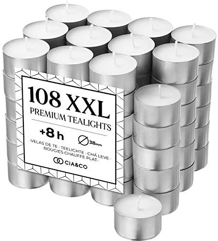 Pack Cia&Co 108 Velas de te 8 Horas XXL de Larga Duración. Velas Blancas Redondas de + 8 Horas sin Aroma y 100% Parafina. Diámetro 38 mm, Ideal Hostelería Sin Olor