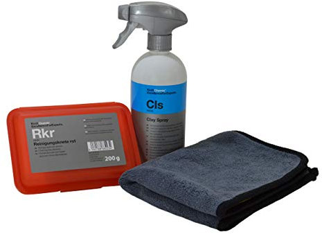 Lackreinigungs-Set - Koch Chemie Reinigungsknete rot (abrasiv) 200g + Clay Spray CLS 500ml + ADVANTUSE Mikrofasertuch