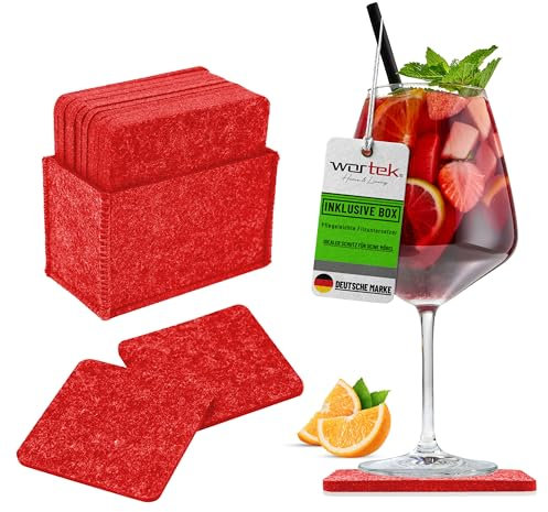 wortek Filzuntersetzer eckig für Gläser – 10er Set mit Aufbewahrungsbox, Glasuntersetzer für Getränke, Tassen, Bar, Glas - Ø 10cm Tischuntersetzer Untersetzer Gläser Rot