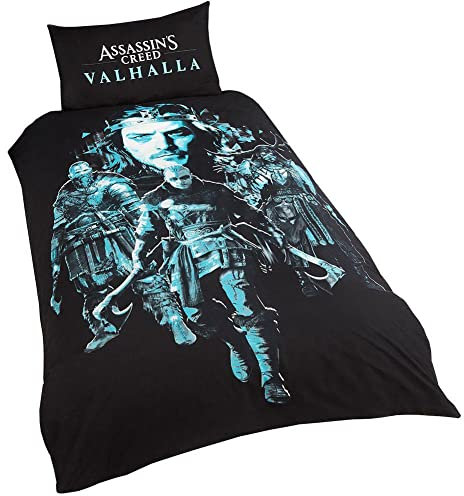 Assassin's Creed Valhalla Bettwäsche-Set für Einzelbett, wendbar, Schwarz/Blau, SP1-ASS-VAL-12