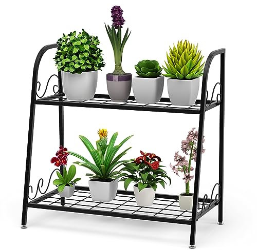 COSTWAY Scaffale Portafiori a 2 Ripiani, Porta Piante da Esterno e Interno a Scala, Scaffale Porta Vasi di Metallo per Balcone, Soggiorno e Giardino, 63 x 30,5 x 61,5 cm