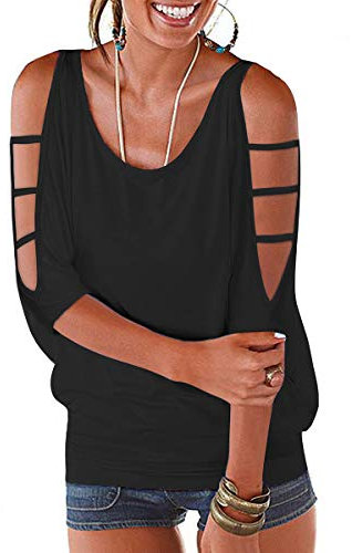 Noir T Shirt Épaules Dénudées Femme à Manches 3/4 Coton Oversize Tops D'Été Décontractés col Rond et Coupe Ample Haut Été 2025
