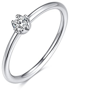 925 Sterling Silber Ring mit weißem Stein für Damen | Damenring, Verlobungsring, Solitär-Ring, Silberring schlicht für Frauen, Freundin Antrag | Echtsilber Ringe Modern (50, Silber)