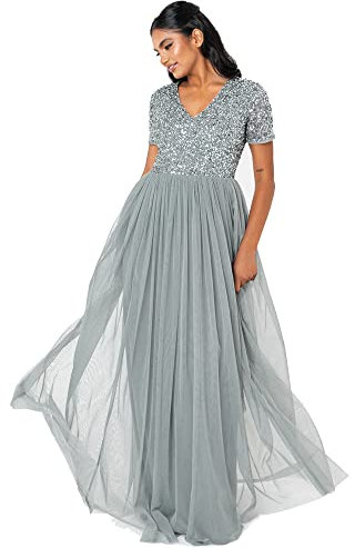 Maya Deluxe Women's Ladies Dress for Wedding Guest Plus Size Empire High Waist Sequins Short Sleeve Evening Bridesmaid, Misty Green, 20