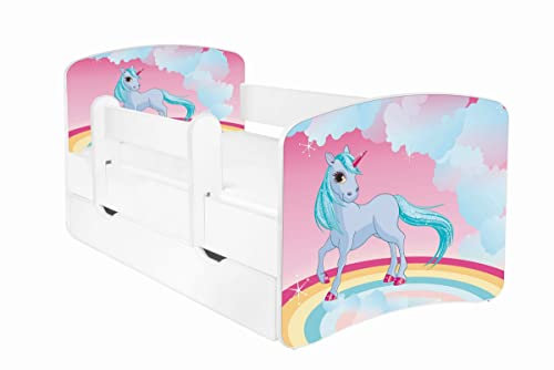 AS-TOR Kinderbett Jugendbett Hugo 80x160cm mit Matratze, Schublade und Abnehmbarem Geländer - Bett Schlafzimmer Kindermöbel Kinderbetten für Mädchen und Junge, Massivholz, Solide und Sicher - Einhorn