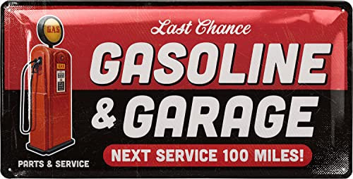 LANOLU Retro Blechschild Werkstatt Schild - GASOLINE GARAGE Service - Metall Poster als nostalgie Wanddeko für Motorradfahrer - KFZ Mechaniker Geschenk - vintage Deko Metallschild, 17x34cm