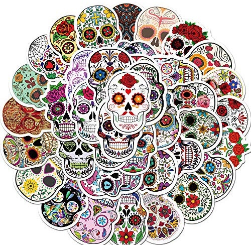 Tuqiso 50 Stück Totenkopf-Aufkleber Halloween Sugar Skull Decals Dia de Los Muertos Mexikanischer Tag der Toten Aufkleber für Laptop Wasserflasche Gepäck Fahrrad Computer