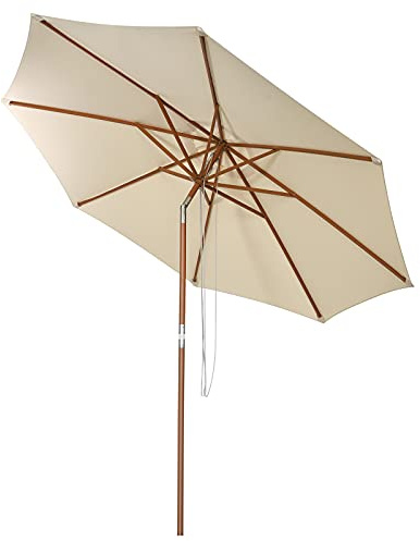 KOMFOTTEU Ombrellone da Giardino 270/300cm con 8 Stecche, Angolo Inclinabile, Anti UV, Ombrellone Parasole Antivento con Struttura in Legno per Spiaggia, Balcone, Patio, senza Base, Beige (270 cm)