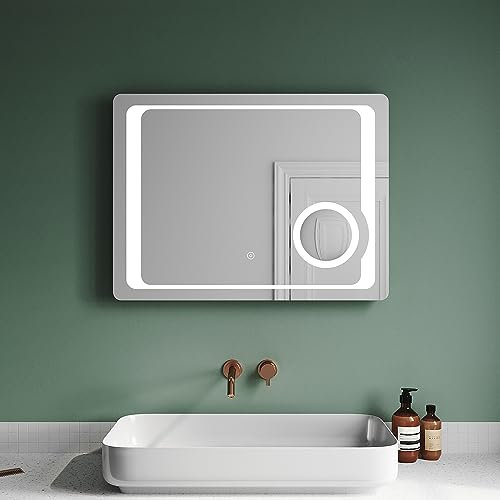 SUNXURY Espejo de baño LED de 80 x 60 cm, espejo de baño con interruptor de luz táctil, antiempañamiento, 3 aumentos, espejo de maquillaje y enchufe de afeitado, espejo de pared