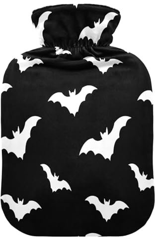 HMZXZ Hot Water Bottle with Cover,Goth Bat White Black 2L PVC Themed Capacity Hot Water Bag for Pain Relief, Feet, Menstrual Cramps