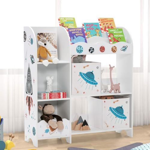 DREAMADE Kinderzimmerregal aus Holz, Spielzeug-Organizer mit 5 Ablagefächern und 2 abnehmbaren Stoffboxen, Bücherregal für Kinder (UFO-Muster)