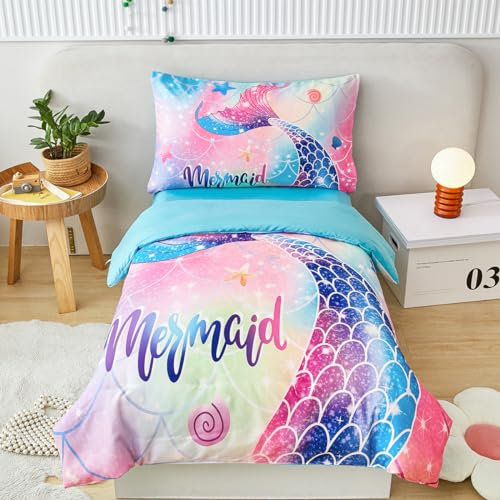 STYHO Toddler Bedding Set for Girls Colorful Rainbow Mermaid Cot Bedding Set Soft Reversible Mermaid Tail Print Toddler Duvet Cover Set(Colorful, Cot Bed)
