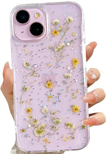 LSEEKA for iPhone 13 Mini/iPhone 12 Mini Clear Case with Pressed Real Flowers Design,Glitter Cute Yellow Floral Slim Soft TPU Protective Women Girl's Phone Cover for iPhone 13 Mini/ 12 Mini