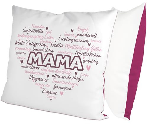 glitzertassen.de® | Eigenschaften Einer Mama | Kissen mit Spruch | Geschenk | Muttertag | Kissen mit Druck | Liebe | Deko Kissen | Fotokissen | Kuschelkissen | Weiß/Violett