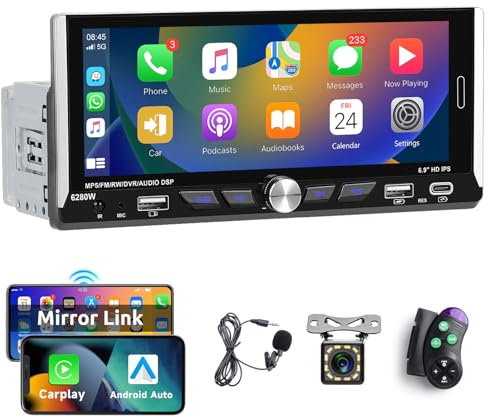 Hodozzy Radio Coche con Pantalla 1 DIN CarPlay Inalámbrico Android Auto, 6,9 Pulgadas Touchscreen Manos Libres Bluetooth Pantalla Coche con EQ FM Estéreo Coche Reproductor USB/AUX/Type-C,Cámara