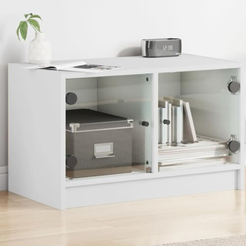 Natulvd Kleiner TV-Ständer mit 2 Glastüren, moderner TV-Schrank unter TV-Vitrine für Wohnzimmer, Schlafzimmer, 68 x 37 x 42 cm (68 cm breit, weiß)
