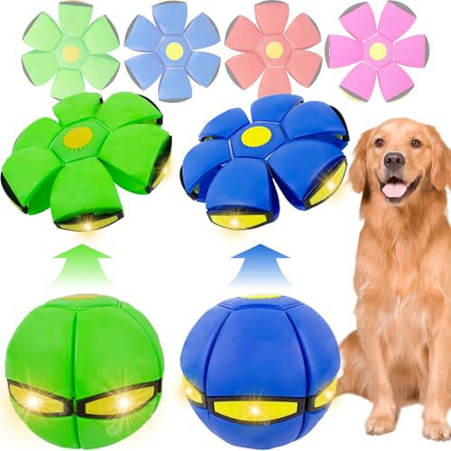 OOXYG Pet Toy Flying Saucer Ball with 3 Lights for Dogs, 2 Pack Dog Flying Disc for Dogs, Interactive Dog Disc Saucer Ball Toys for Medium Large Dogs, Doggy Disc Balls Blue+Green