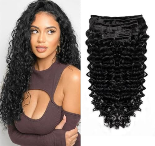 Unipearl Deep Curly Clip in Extensions Echthaar，35cm 14 Zoll 8PCS 100g Natürliches Schwarz Haarverlängerung für Frauen Water Wave Remy Hair Extensions Clip in