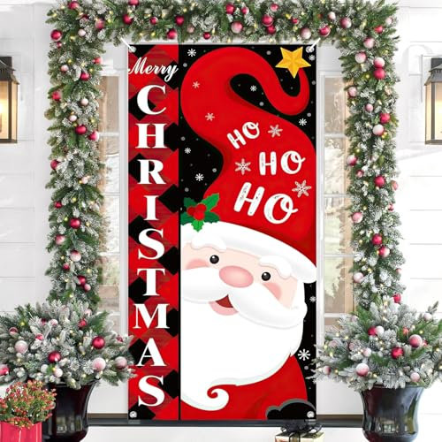 Weihnachtsdeko Tür, Türdeko Weihnachten mit Weihnachtsmann, Türabdeckung Weihnachten Outdoor, Merry Christmas Banner, 78 x 35 Zoll, Weihnachtsbanner für Indoor Outdoor W (Rot-Weihnachtsmann)