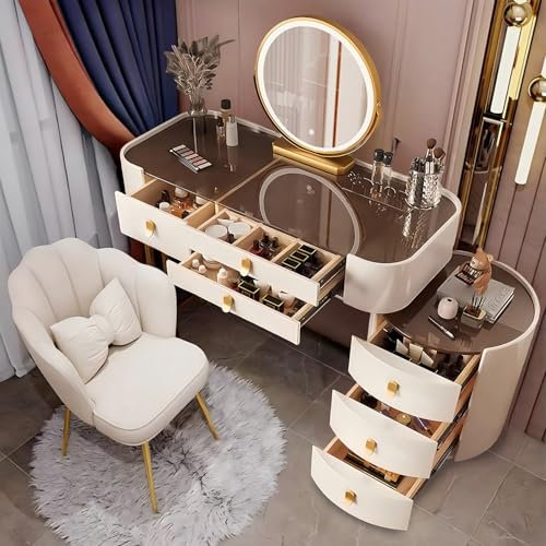 AMZSEW Dressing Table with Mirror and Cushioned Stool Adjustable Brightness, Vanity Desk Set Makeup Table with 6 Drawers and Storage Unit for Bedroom Girls Women,White 31.5