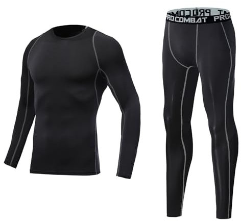 Holimaid Kids Boys Thermal Underwear Long Sleeve Base Layer Sets Athletic Compression Suit Ideal for Football Sports Performance (Black/Grey, 150)
