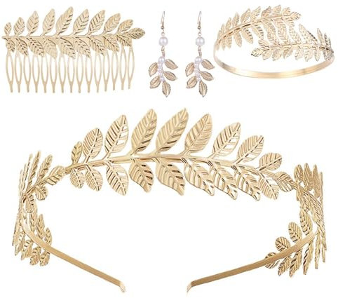 XoeLLe 5 Stück Griechische Göttin Kostüm Schmuck Set, Lorbeerblätter Haarschmuck Mädchen, Gold Schmuck, Römische Göttin Haarreif, Oberarmreif Ohrringe Lorbeerkranz Haarspange Boho Blatt Accessories