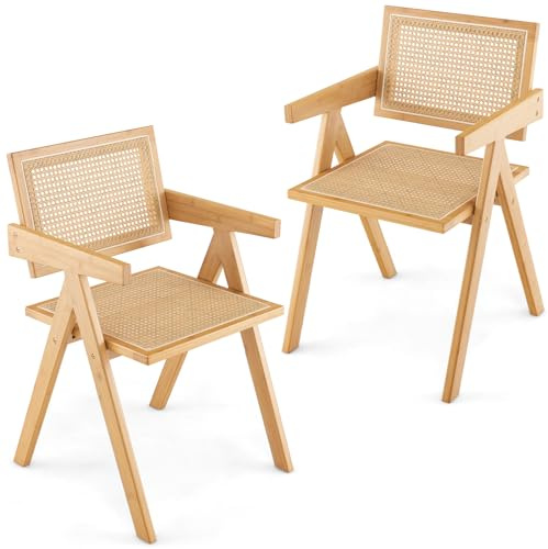 GiantexUK Bamboo Dining Chairs Set of 2, Retro Weave Kitchen Chairs with Imitated Rattan Backrest, Armrests & Anti-slip Foot Pads, Accent Armchair for Dining Living Room Restaurant