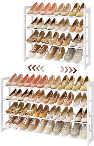 FAVOOSTY 4 Tier Shoe Rack Extendable Metal, Small Shoe Storage Organizer for Closet Inside Wardrobe, Slim Stand Shelf for Narrow Space Under Stairs Hallway, White